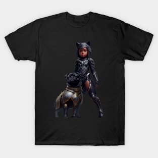 Black Pug Puppy in Gold Armor and Heroic African Princess T-Shirt